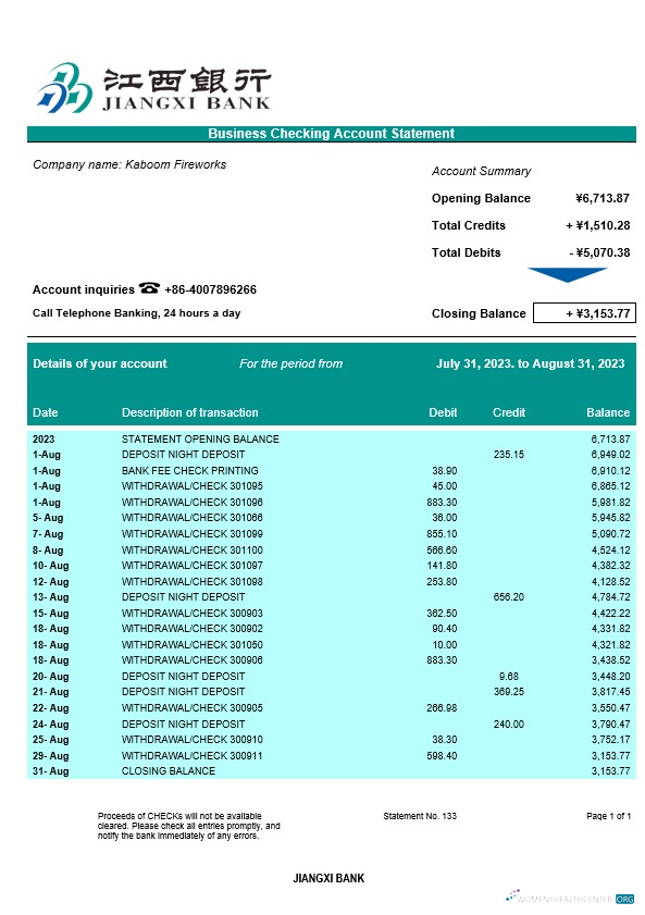 Download Jiangxi Bank business checking account statement Word and PDF template Photoshop template